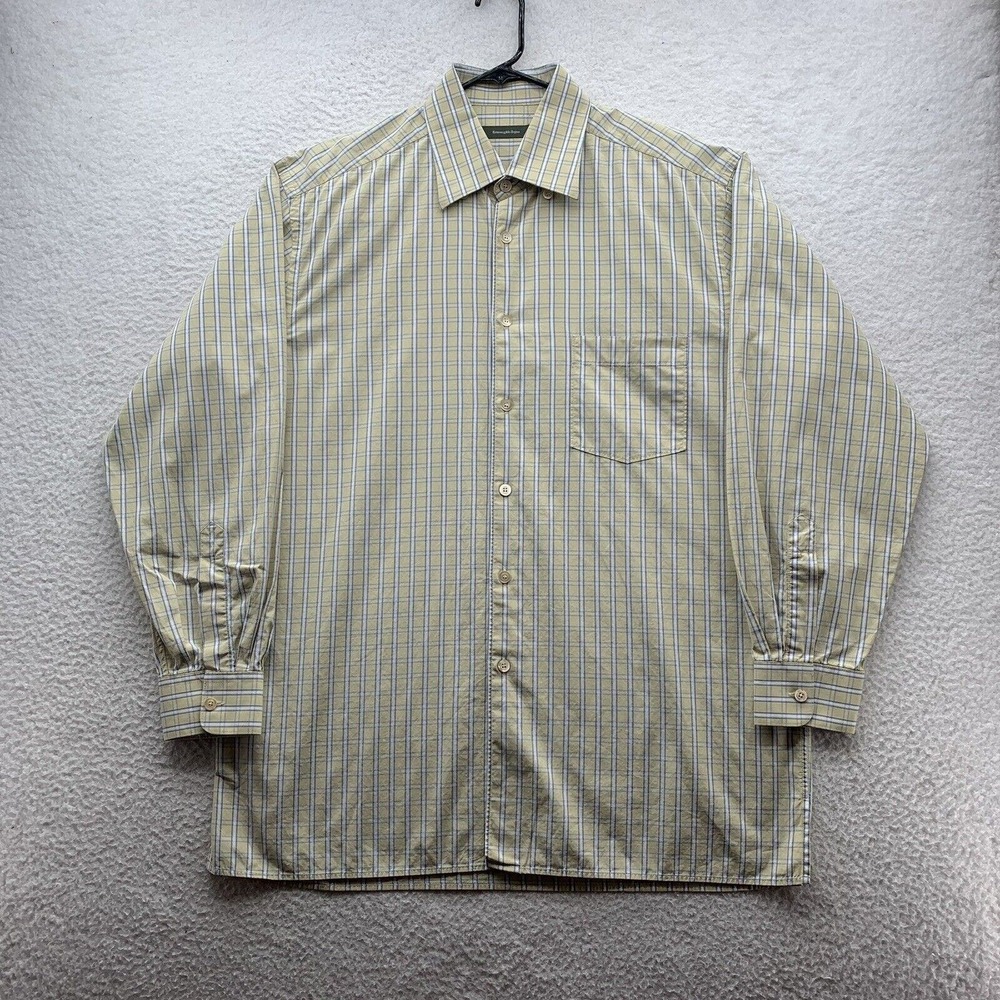 Ermenegildo Zegna Dress Shirt Mens XL Check‎ Tatteral Preppy Beige Academia